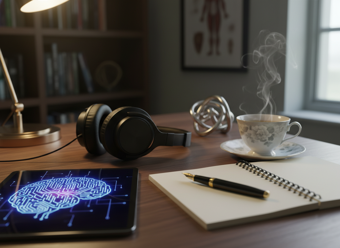 A close-up, photographic real depiction of a research-focused desk devoted to cyberpsychology and STEM education. On a dark walnut surface lies a tablet showing a stylized brain made of glowing circuits, next to a spiral notebook open to blank, cream-colored pages with a fountain pen resting diagonally. A pair of noise-canceling headphones and a small geometric sculpture of intertwined shapes symbolize interdisciplinary thinking. A delicate porcelain cup of tea with a muted floral pattern sits on a matching saucer, faint steam rising. Soft, warm desk-lamp lighting from the side contrasts with cool ambient light from an unseen window, creating a contemplative, scholarly atmosphere with a shallow depth of field.