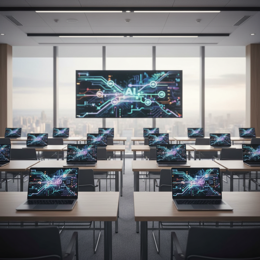 An elegant, technology-enhanced seminar room prepared for a lecture on AI in education, carefully staged without any people. Rows of minimalist light-wood tables hold thin tablets and closed laptops, each screen showing abstract, colorful data visualizations and circuit-like patterns rather than readable text. At the front, a large digital whiteboard displays a softly blurred schematic of an AI learning model. Floor-to-ceiling windows reveal a faint cityscape, with diffused afternoon light filling the room. The mood is professional and forward-looking, with photographic realism, wide-angle lens, and sharp focus throughout to showcase the environment as a space for advanced educational research and teaching.