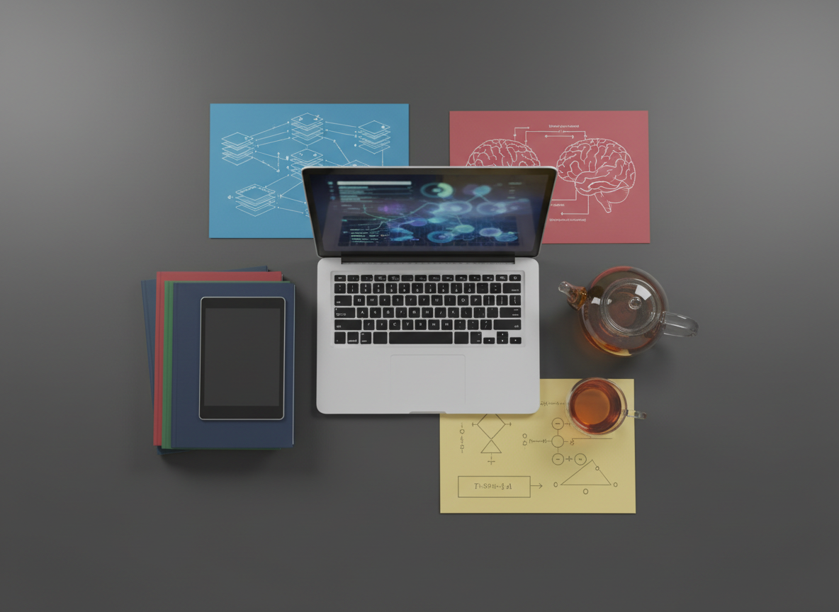 A sophisticated flat-lay composition illustrating interdisciplinary AI research, arranged on a matte charcoal surface. Color-coded printed diagrams of neural networks, abstract brain imagery, and simplified STEM formulas are spread neatly, without legible text. A slim laptop partially open reveals a glowing keyboard and a blurred interface of data visualizations. Nearby, a stack of academic journals with colored spines, an e-reader, and a glass teapot with golden tea add subtle warmth. Overhead soft-box style lighting produces even illumination with gentle shadows at object edges. Photographic realism, crisp focus across the frame, and a balanced, professional mood ideal for a publications or research interests section header.