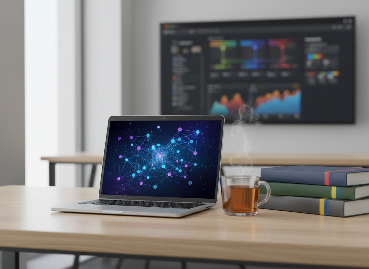 A sleek, modern academic workspace designed to represent an AI-in-education expert, without any people present. A slim silver laptop displays an abstract neural network diagram on its screen, beside a neatly stacked set of hardcover research books labeled only with subtle colored bands. A glass mug of amber herbal tea gently steams on a pale oak desk. In the background, a large wall monitor shows a blurred interface of educational analytics dashboards. Soft daylight from a wide window creates clean reflections on the desk surface and gentle shadows under the objects. Photographic realism, eye-level composition with a shallow depth of field and a calm, professional atmosphere suitable for a personal academic homepage hero image.