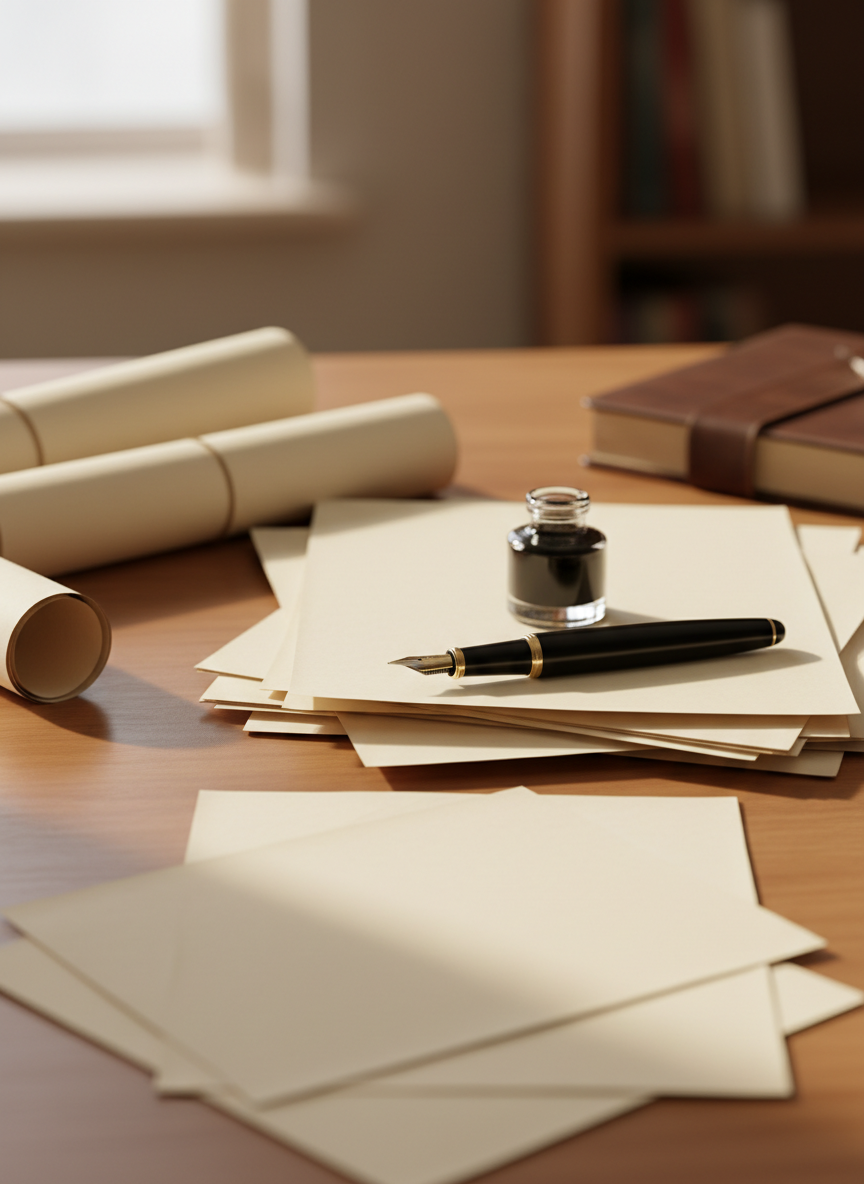 Academic papers and fountain pen on a wooden desk