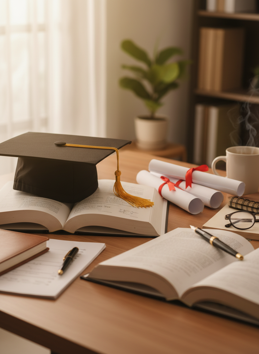 Academic papers and fountain pen on a wooden desk