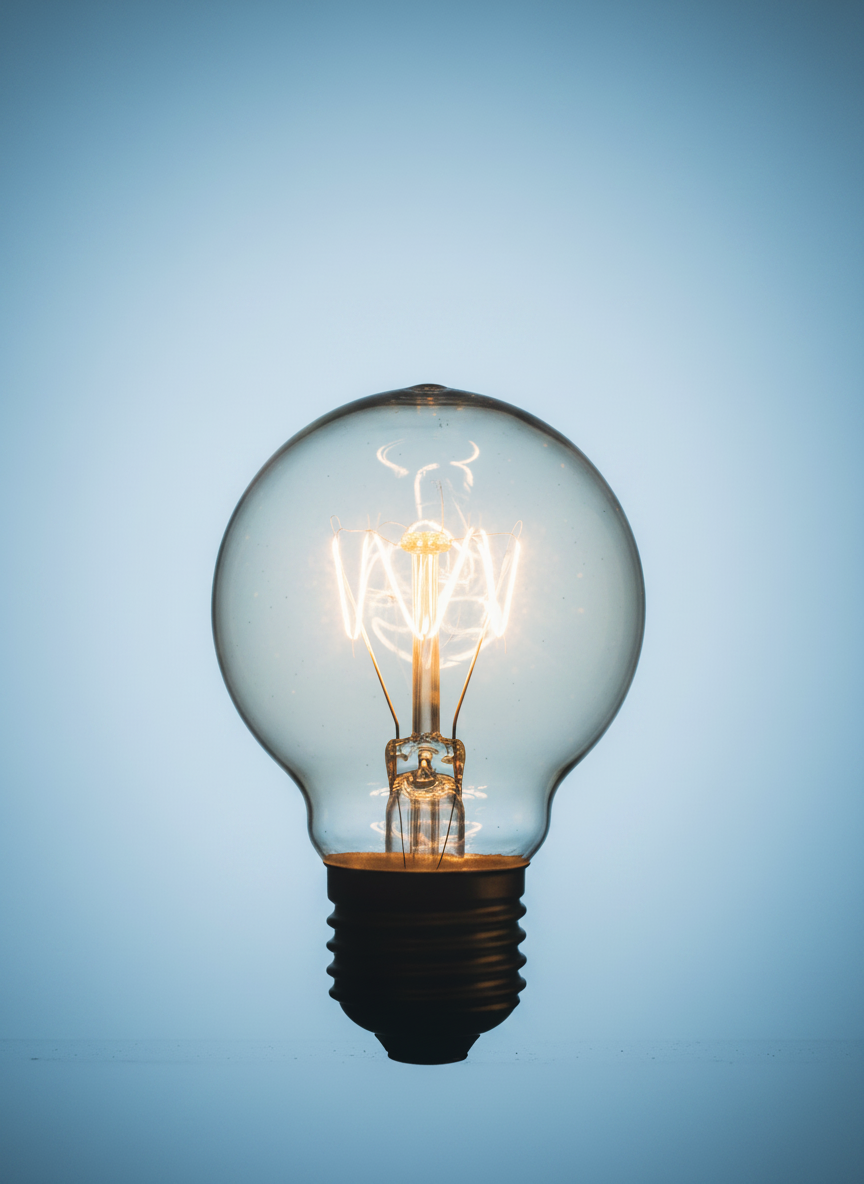 Edit this existing light bulb photo so that the bulb stays the same but the dark navy/black background becomes a lighter, soft blue gradient, still realistic and professional.